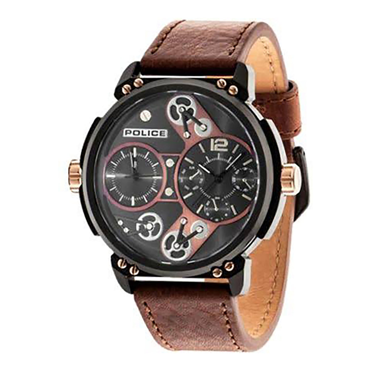 POLICE TIMEPIECE 50MM STAINLESS STEEL - BOLD BLACK DIAL, LUXURIOUS BROWN LEATHER BAND Men's Watch