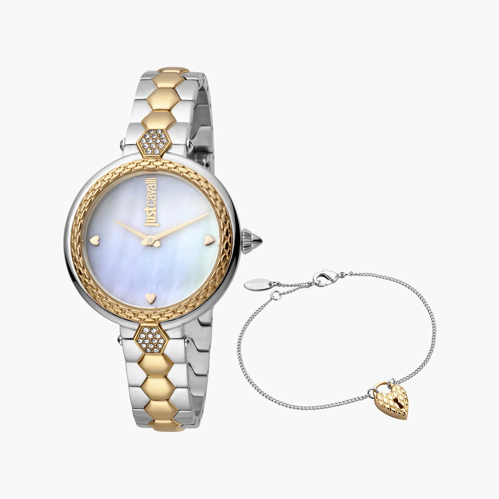 JUST CAVALLI Women's Watch with Gold Stainless Steel Case and Silver & Gold Stainless Steel Band