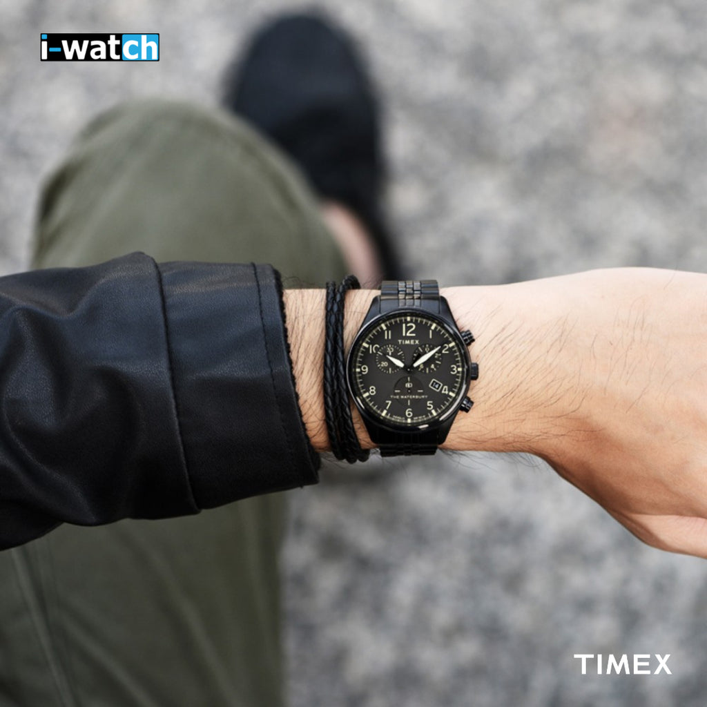 TIMEX Heritage Waterbury TW2R88600 – Herren-Chronographenuhr aus schwarzem Edelstahl mit INDIGLO-Nachtlicht