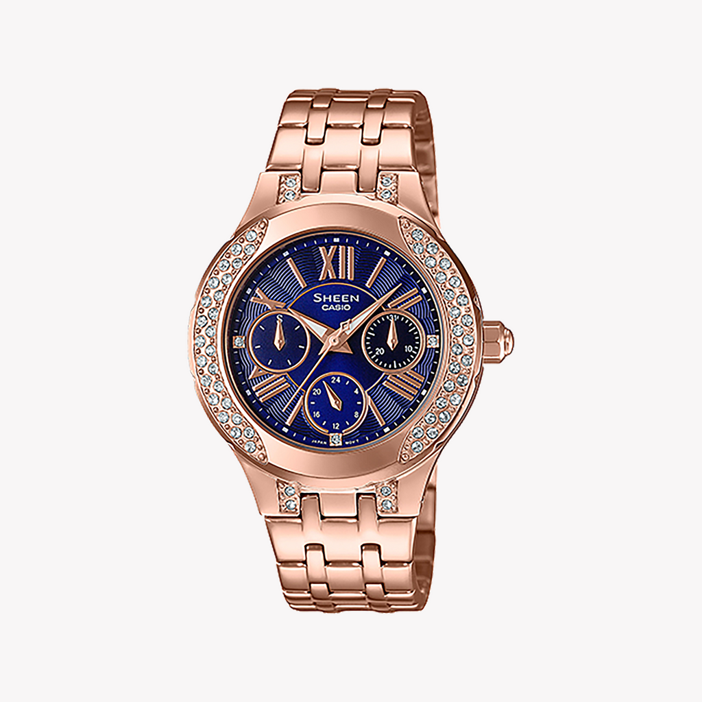 CASIO SHE-3809PG-2AUDF ELEGANT ADVENTURE - SPORTY CHIC WOMEN'S WATCH with Rose Gold and Blue Dial