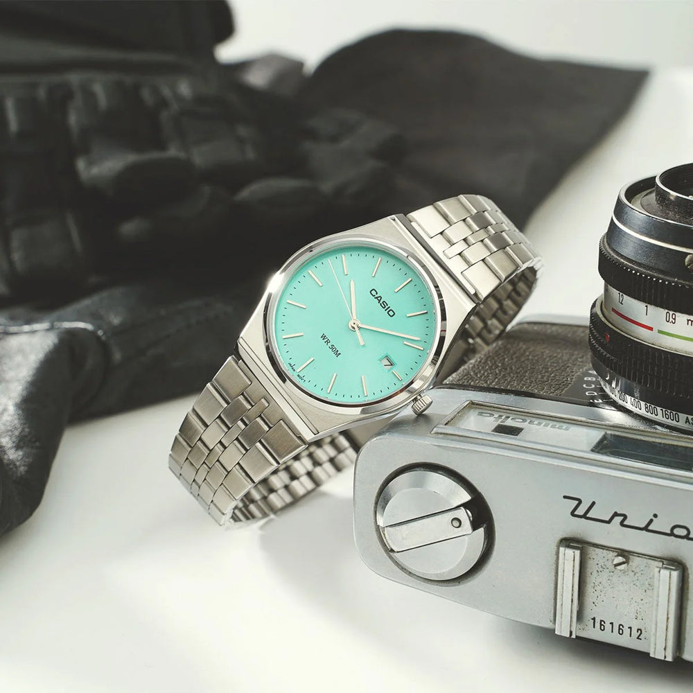 Casio Mtp-B145d-2a1vdf - Sporty Elegance With A Vibrant Blue Dial And Stainless Steel Bracelet by i-watch