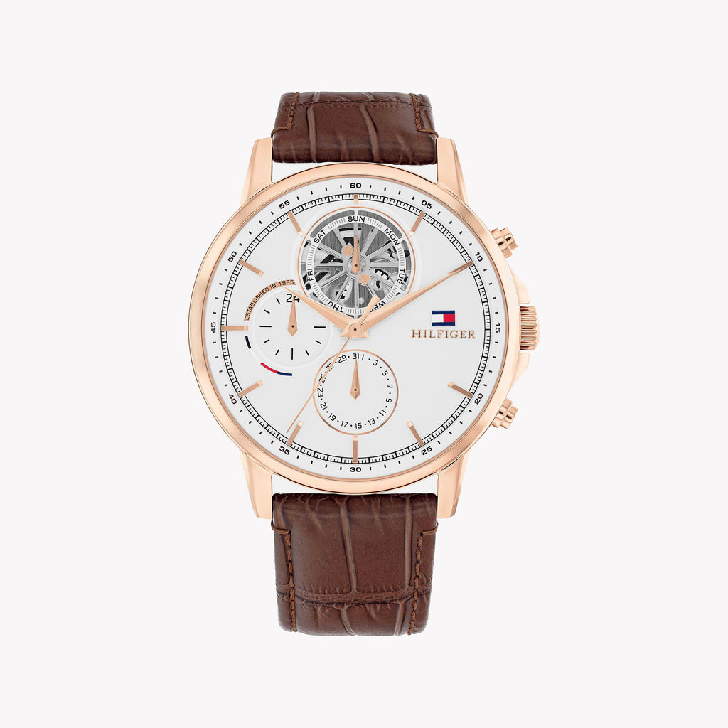 TOMMY HILFIGER 1691636 - ELEGANT ROSE GOLD MEN'S WATCH with Brown Leather Band & Stylish White Dial