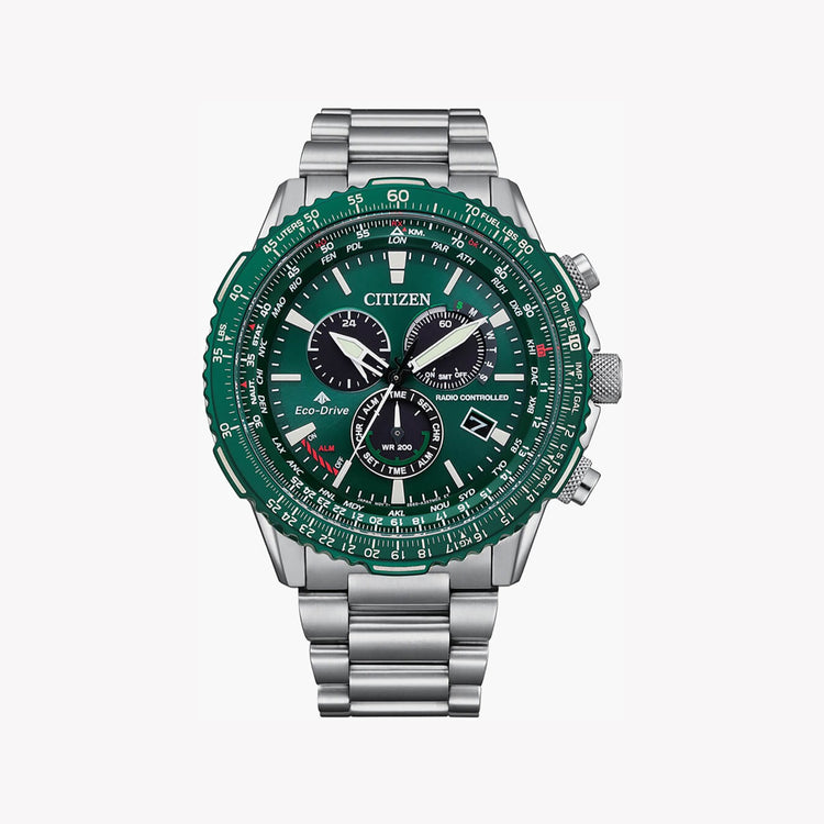 CITIZEN CB5004-59W - ELEGANT POWERHOUSE - Men's Stainless Steel Watch with Green Dial & Multifunction Features