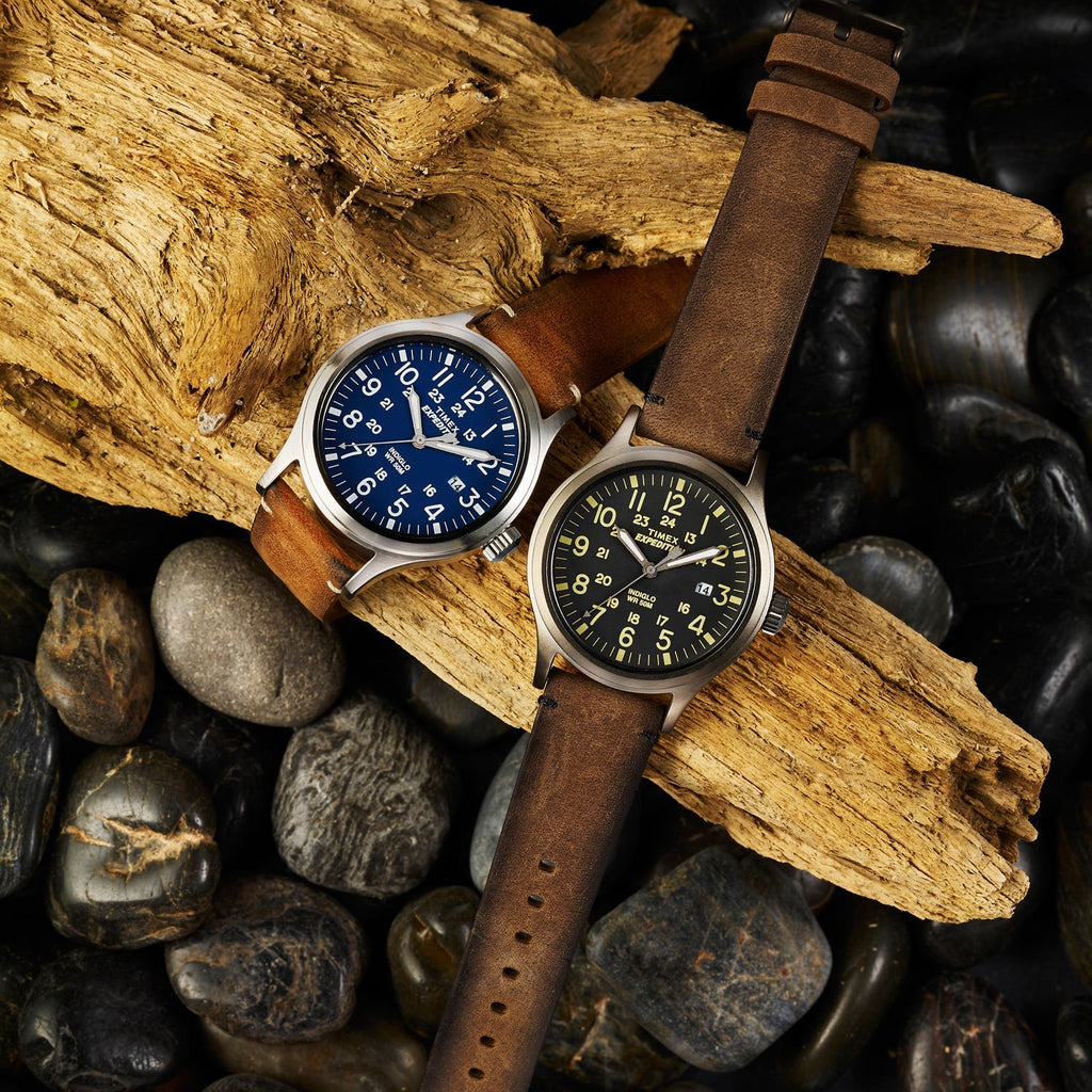 TIMEX EXPEDITION SCOUT TW4B01800 - ساعة رجالية متينة بحزام جلد أسمر وقرص أزرق