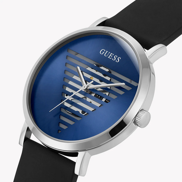Guess Men's Silver & Black Silicone Watch, Blue Dial | Gw0503g2 by i-watch