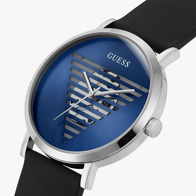 Guess Men's Silver & Black Silicone Watch, Blue Dial | Gw0503g2 by i-watch