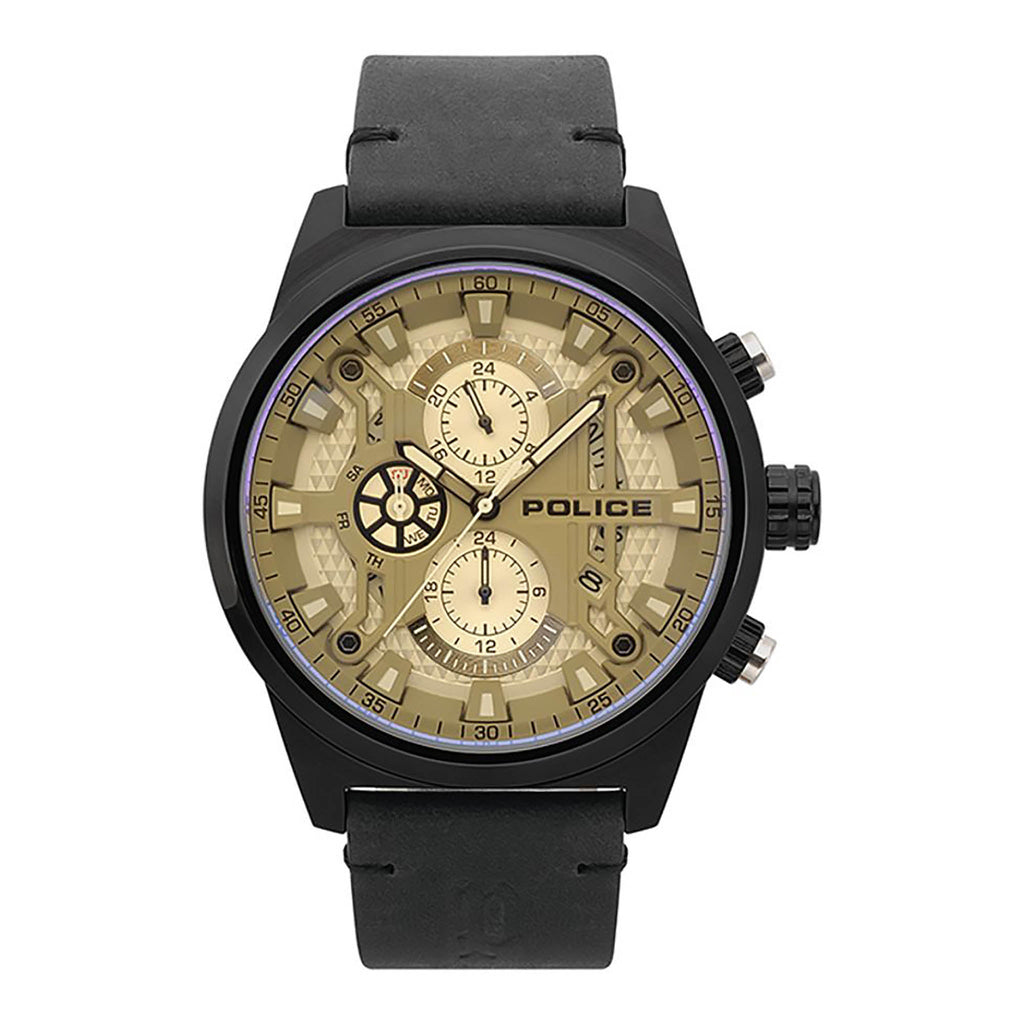 POLICE WATCH MEN'S BOLD DESIGN - ELEGANT GOLD DIAL & BLACK LEATHER BAND