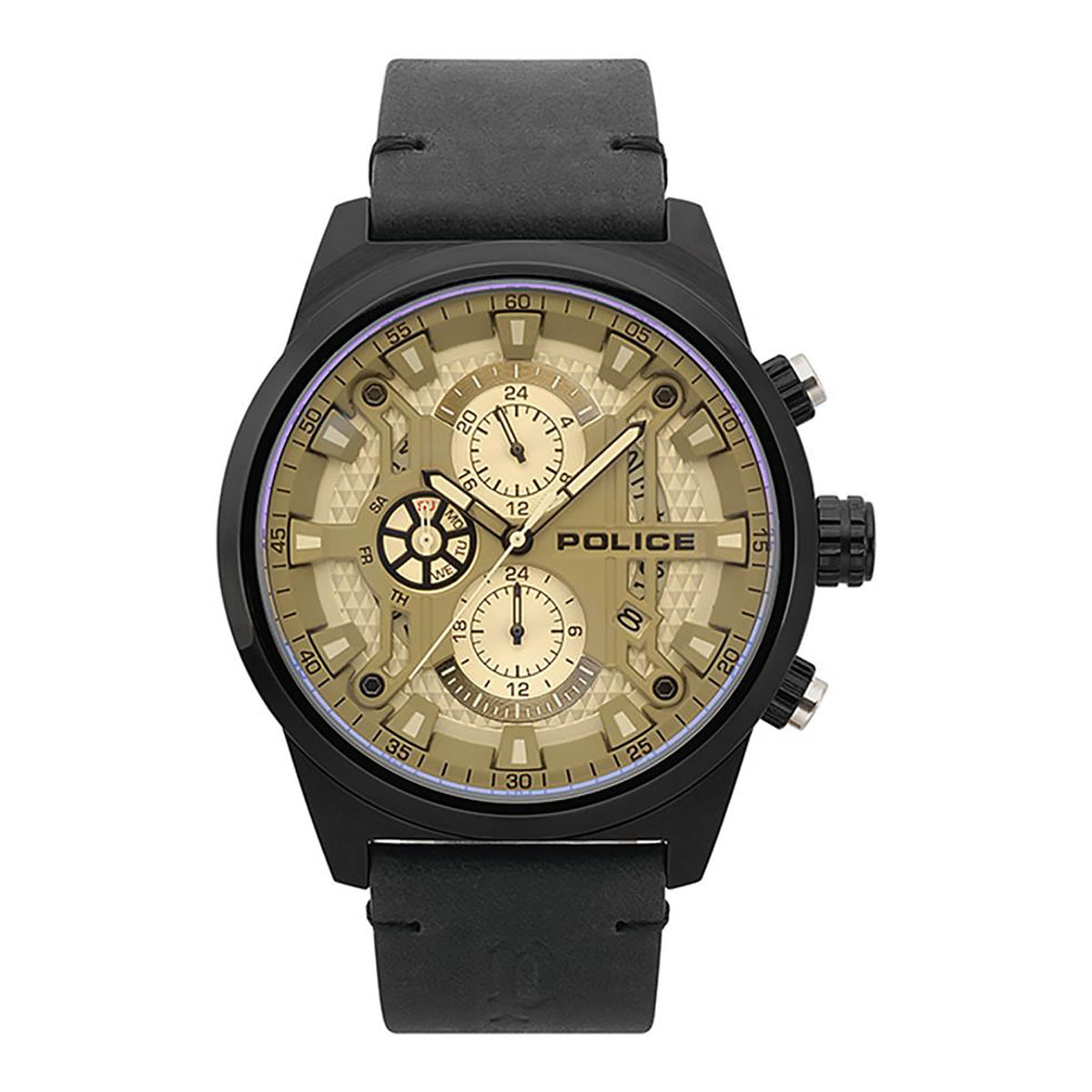 POLICE WATCH MEN'S BOLD DESIGN - ELEGANT GOLD DIAL & BLACK LEATHER BAND