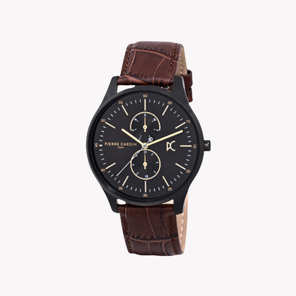 Pierre Cardin Men's Black Watch, Brown Leather Band | Cba.4028
