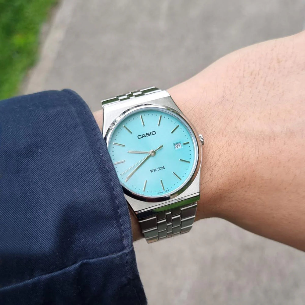 Casio Men's Silver Watch, Cyan Dial | Mtp-B145d-2a1v by i-watch