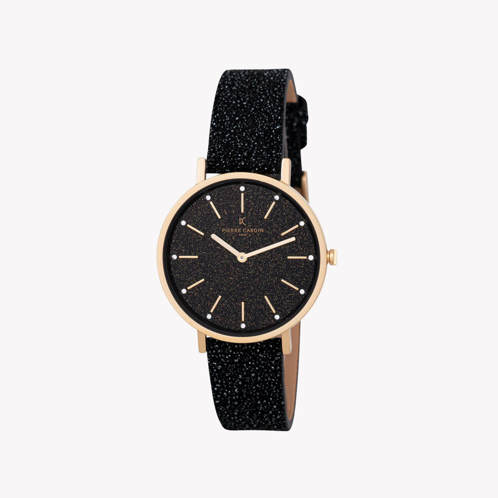 PIERRE CARDIN Damenuhr mit goldenem Metallgehäuse und schwarzem Lederarmband