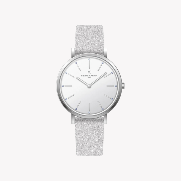 Pierre Cardin Women's Silver Leather Watch, White Dial | Cbv.1115