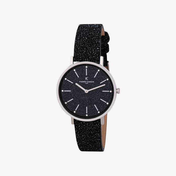 Pierre Cardin Women's Black Leather Watch, Silver Case | Cbv.1117
