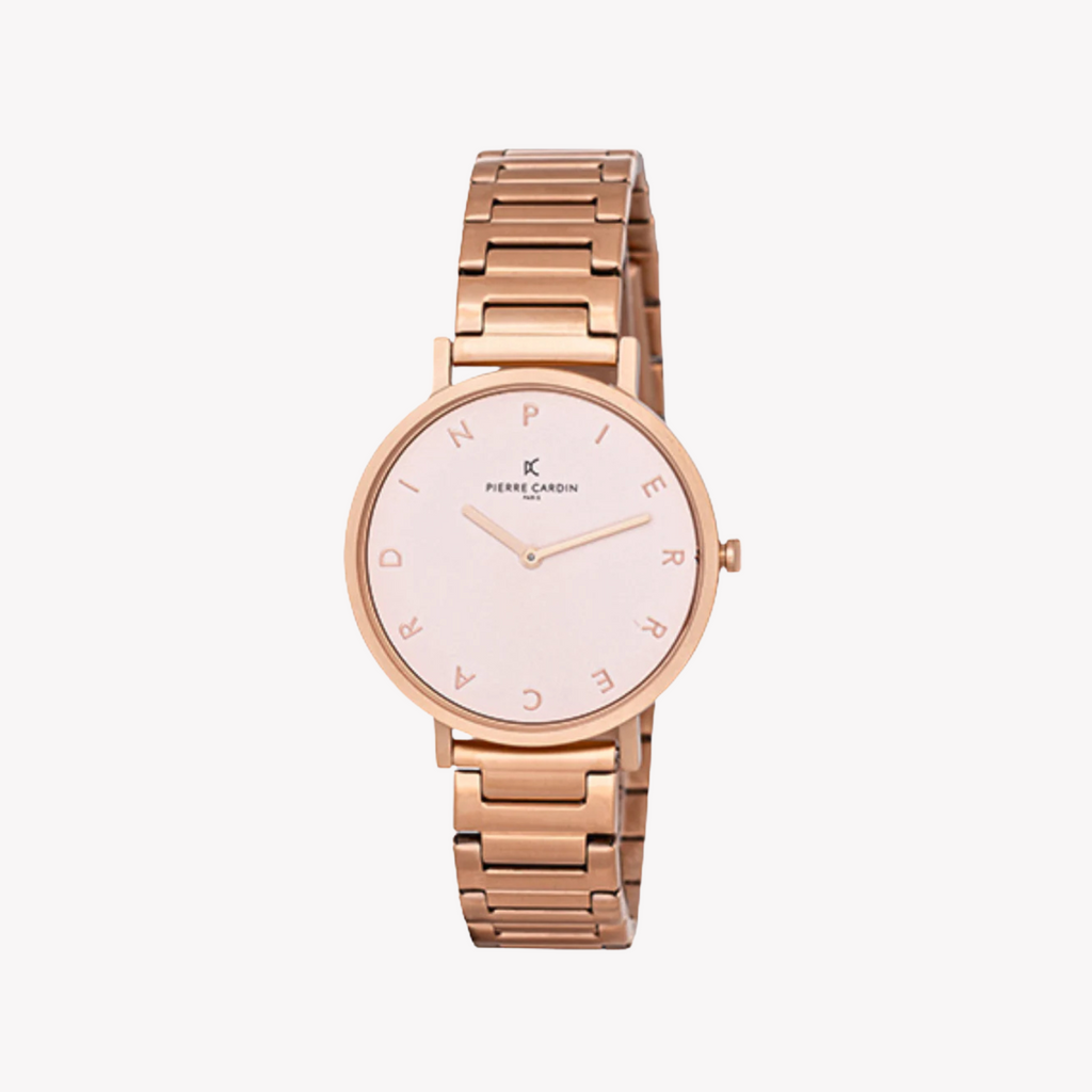 Montre femme PIERRE CARDIN avec boîtier en métal doré rose et bracelet en métal doré rose