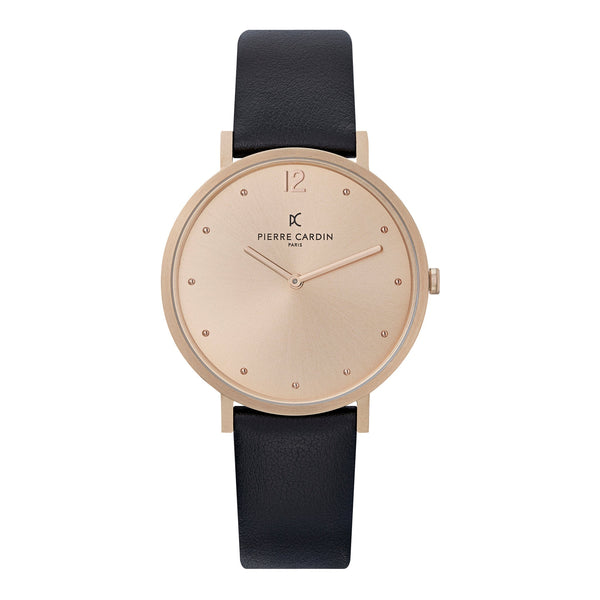 Pierre Cardin Women's Watch With Rose Gold Stainless Steel Case And Black Leather Band