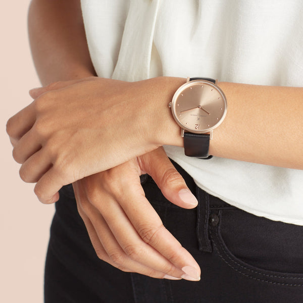 Pierre Cardin Women's Watch With Rose Gold Stainless Steel Case And Black Leather Band