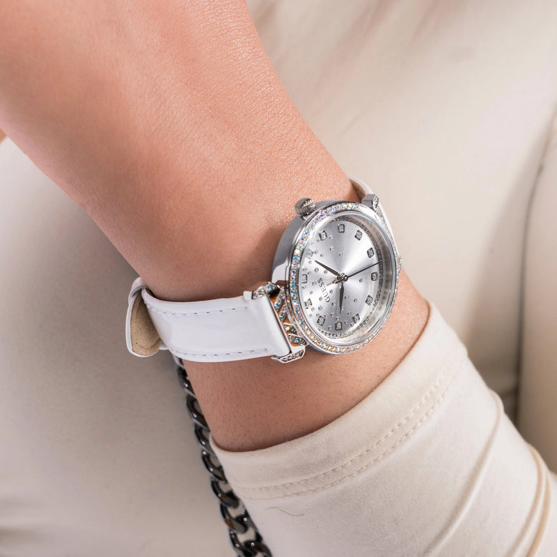 Guess Women's Silver Leather Watch, White Band | Gw0764l4 by i-watch