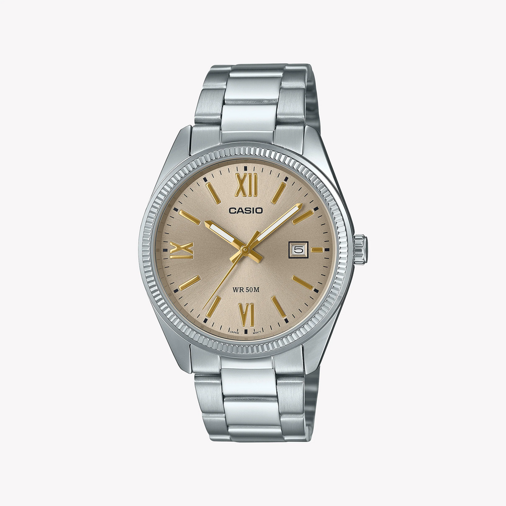 Casio Men's Silver Stainless Steel Watch, Beige Dial | Mtp-1302dd-9avdf by i-watch