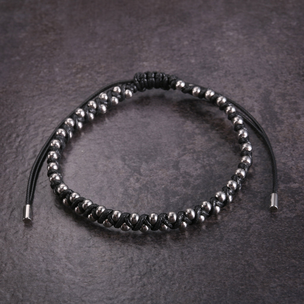 Zink Men's Black & Silver Leather & Beads Bracelet | Zjbc0432-A