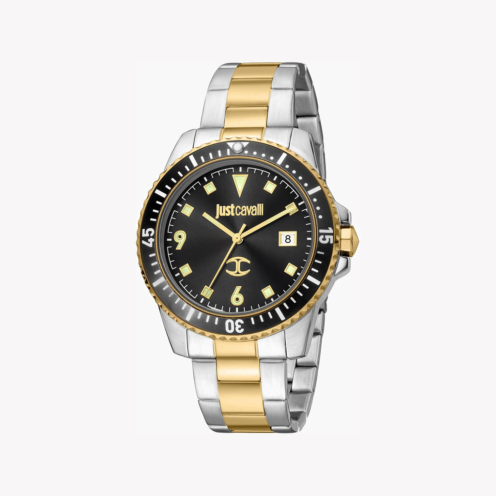 JUST CAVALLI TWO TONE STAINLESS STEEL MEN'S WATCH - ELEGANT BLACK DIAL WITH GOLD ACCENTS
