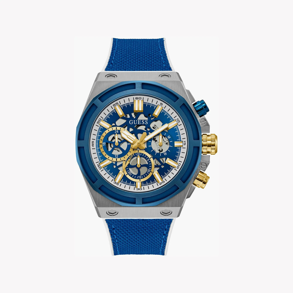 Guess Men's Silver & Blue Silicone Watch, Blue Dial | Gw0713g1 by i-watch