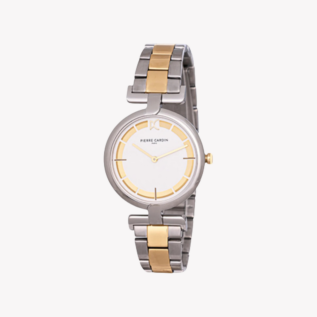 ساعة بيير كاردان للسيدات بهيكل معدني فضي وسوار معدني فضي وذهبي
