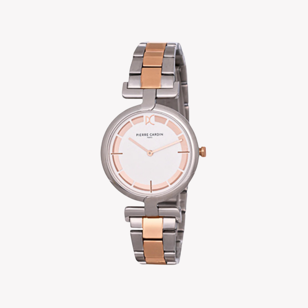 ساعة بيير كاردين للسيدات بهيكل معدني فضي وسوار معدني فضي وذهبي وردي