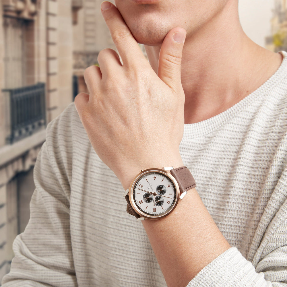 Pierre Cardin Men's Silver & Rose Gold Watch, Brown Leather | Cpi.2022 by i-watch