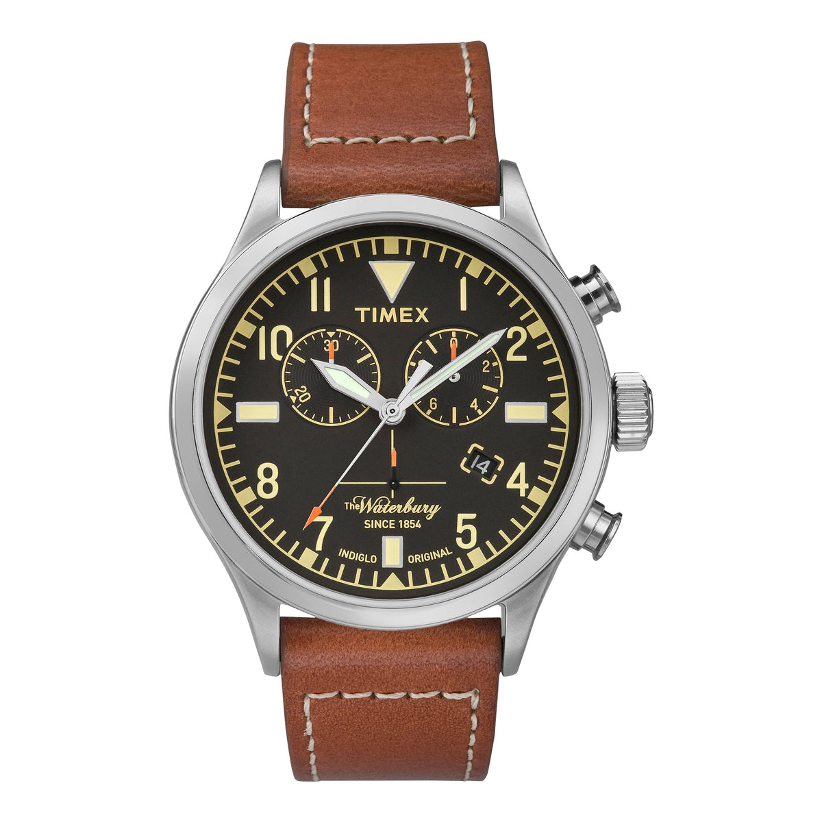 TIMEX HERITAGE WATERBURY TW2P84300 - ELEGANT MEN'S CHRONOGRAPH WITH LEATHER STRAP & INDIGLO LIGHT