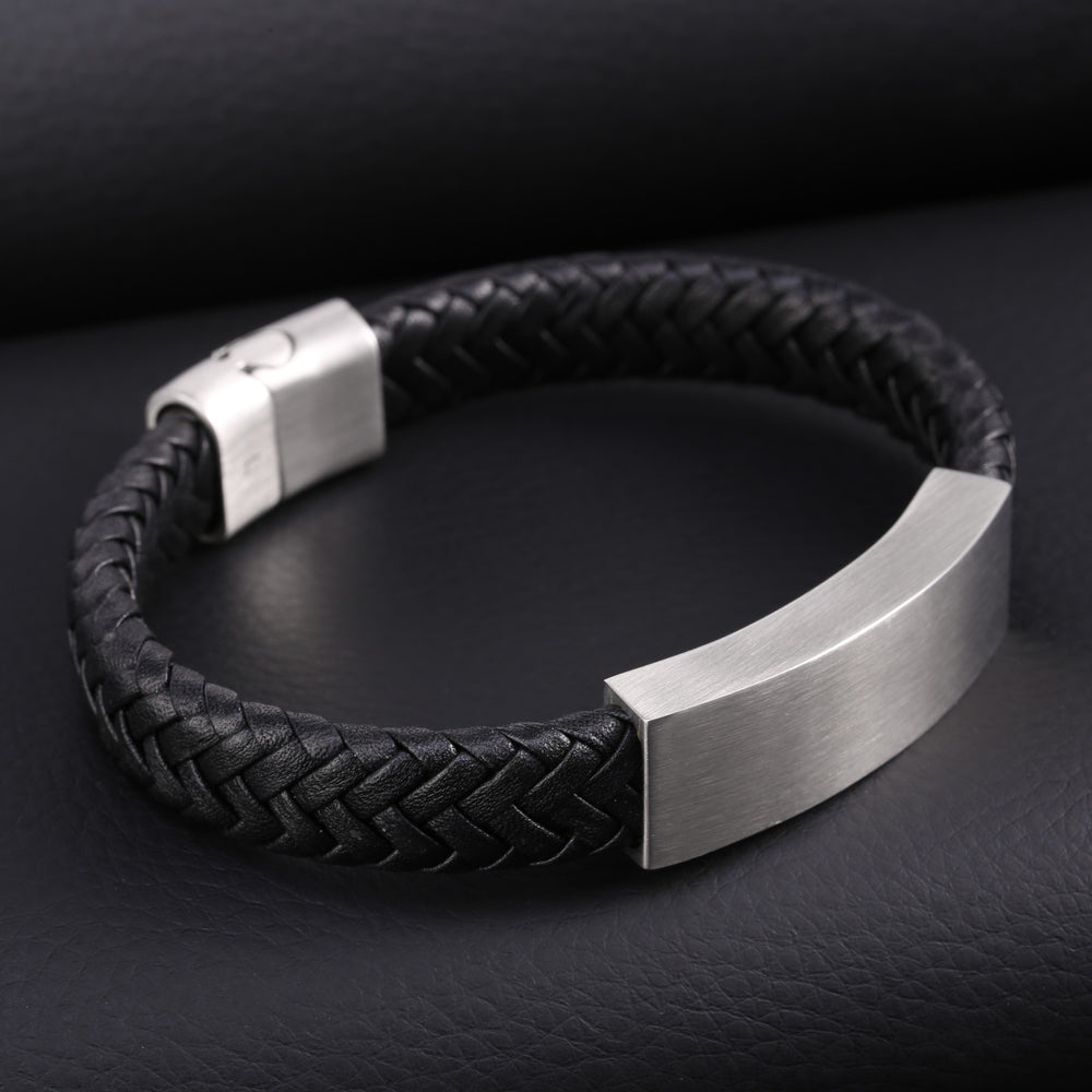 Zink Men's Silver & Black Stainless Steel & Leather Bracelet | Zjbc001slm