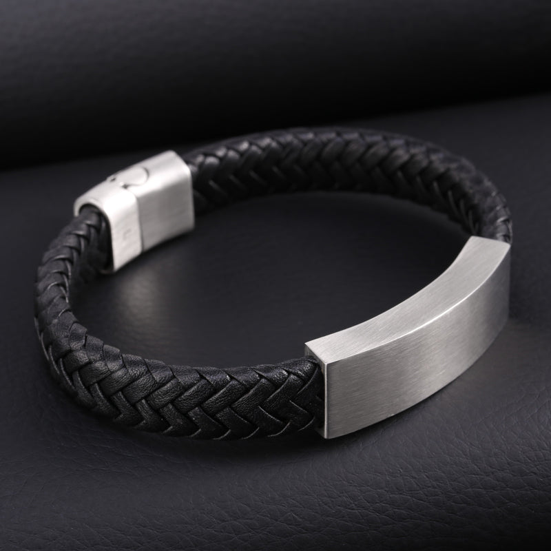 Zink Men's Silver & Black Stainless Steel & Leather Bracelet | Zjbc001slm