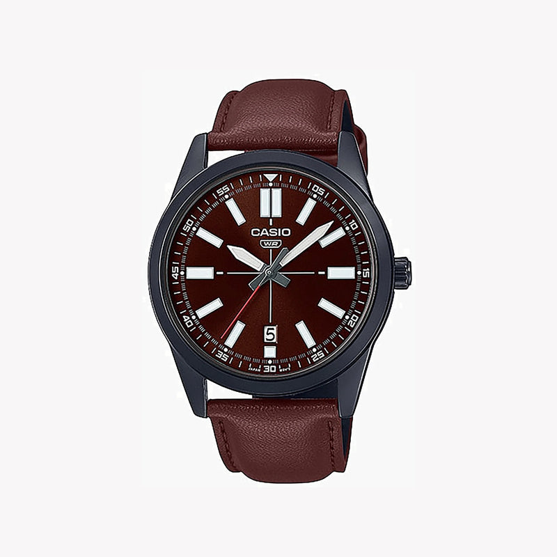 Casio Men's Black Stainless Steel Watch, Brown Leather | Mtp-Vd02bl-5eudf by i-watch