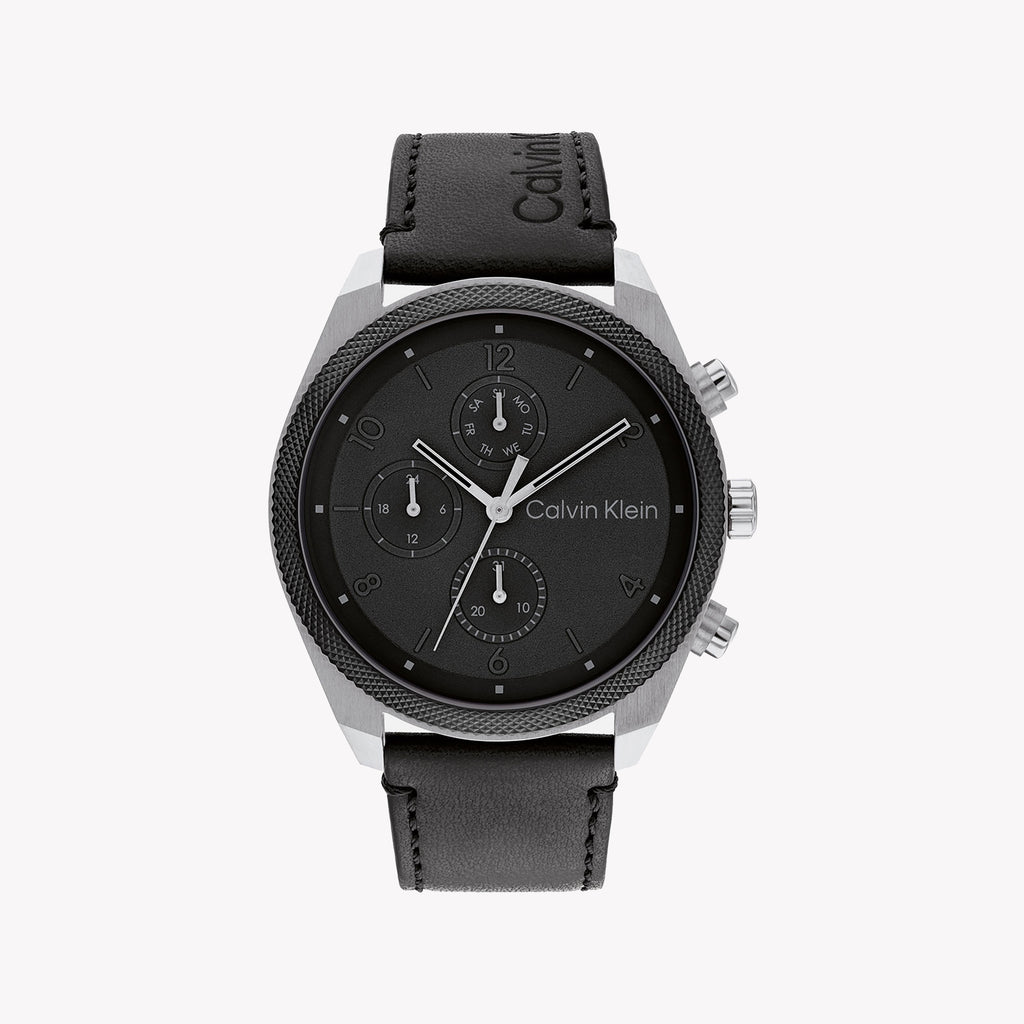 CK CALVIN KLEIN BLACK ELEGANCE - MODERN STAINLESS STEEL MEN'S WATCH with sleek leather band and bold dial