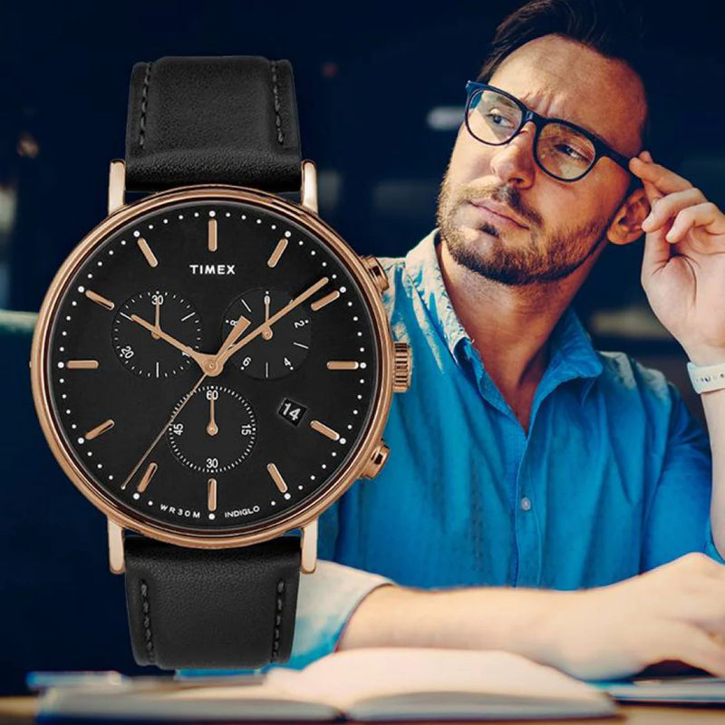 Timex Men's Black Leather Watch, Rose Gold Case | Tw2t11600 by i-watch