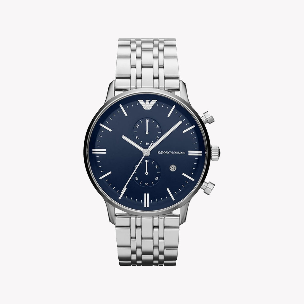 EMPORIO ARMANI AR1648 - SILVER ELEGANCE: STYLISH MEN'S WATCH WITH BLUE DIAL & DURABLE STAINLESS STEEL BAND