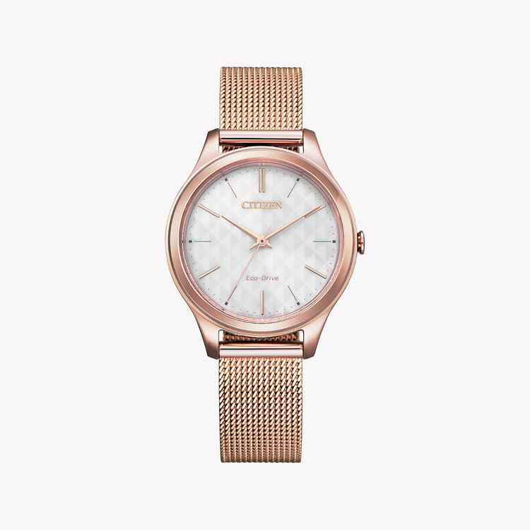 CITIZEN EM0508-80A ROSE GOLD GLAM - ELEGANT ECO-DRIVE WOMEN'S WATCH with White Dial & Mesh Band