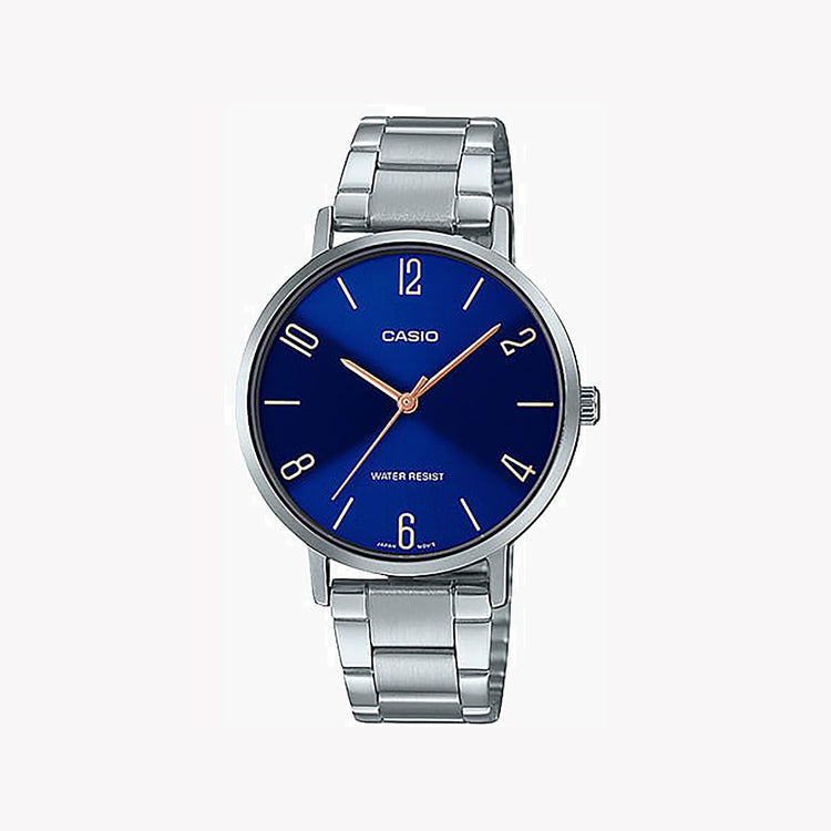Casio Men's Silver Watch, Blue Dial | LTP-VT01D-2B2