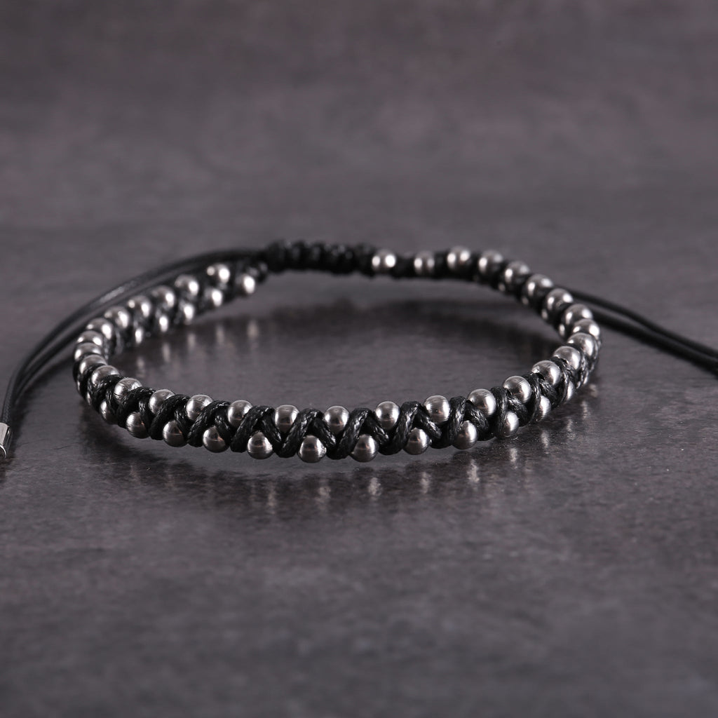 Zink Men's Black & Silver Leather & Beads Bracelet | Zjbc0432-A