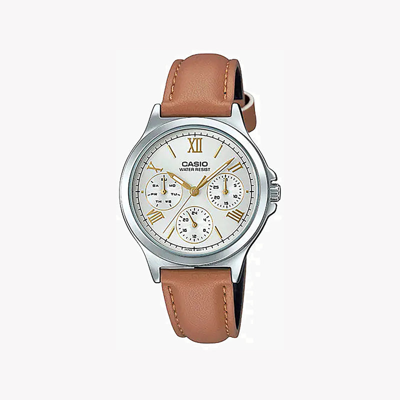 Casio Ltp-V300l-7a2udf Elegant Sporty Chic - Women's Silver & Brown Leather Watch by i-watch