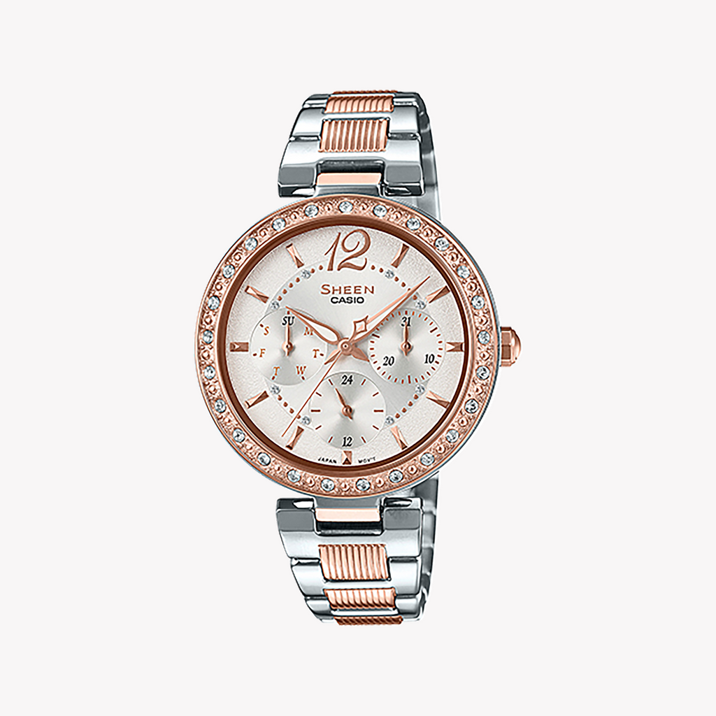 CASIO SHE-3065SPG-7AUDF ELEGANT SPORTY CHIC - WOMEN'S ROSE GOLD & SILVER STAINLESS STEEL WATCH
