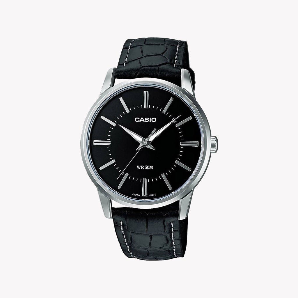 MTP-1303PL-1A MEN'S TIMEPIECE - ELEGANT SILVER & BLACK LEATHER CLASSIC WATCH