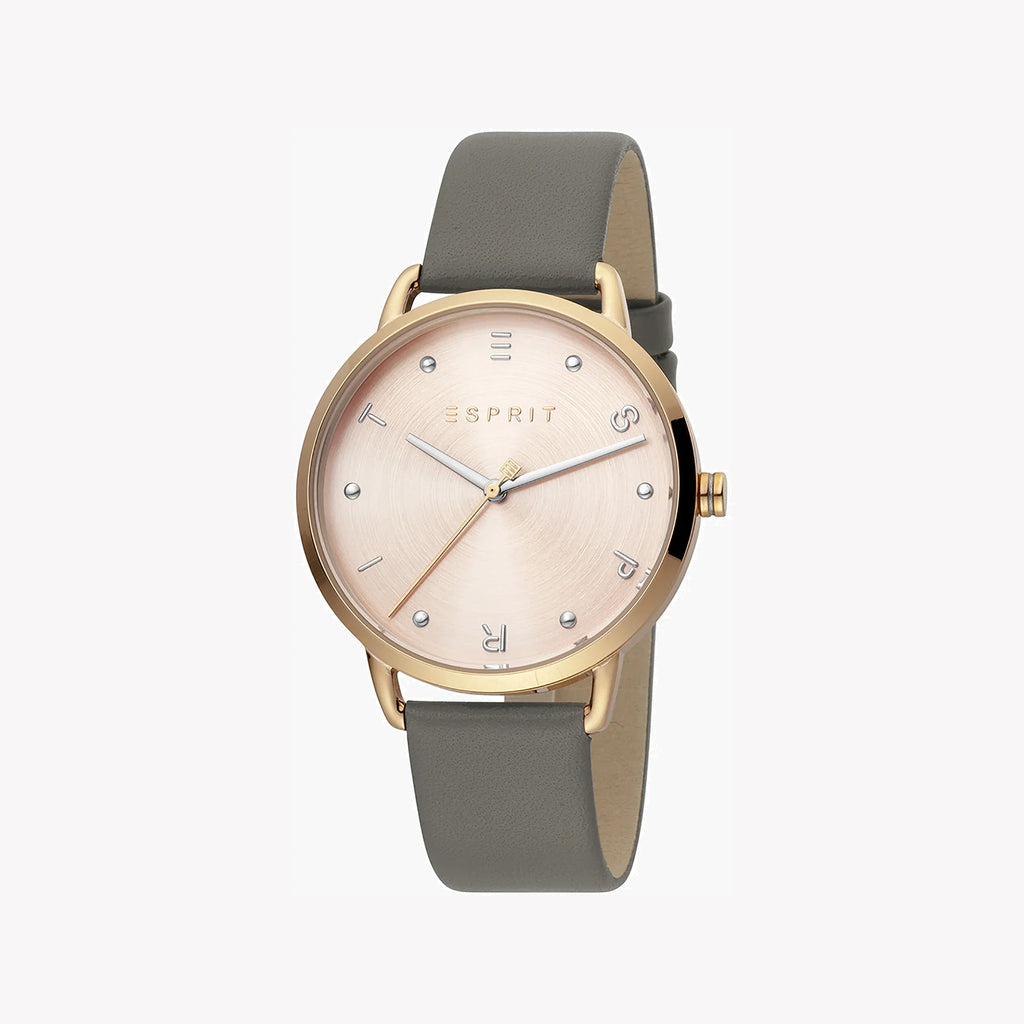 ESPRIT Women's Watch with Rose Gold Stainless Steel Case and Gray Leather Band