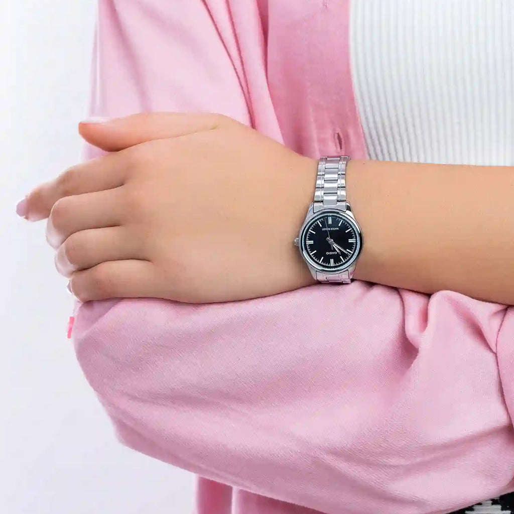 CASIO LTP-V005D-1AUDF SPORTY ELEGANCE - SILVER STAINLESS STEEL WOMEN'S WATCH WITH BLACK DIAL-i-Watch-2