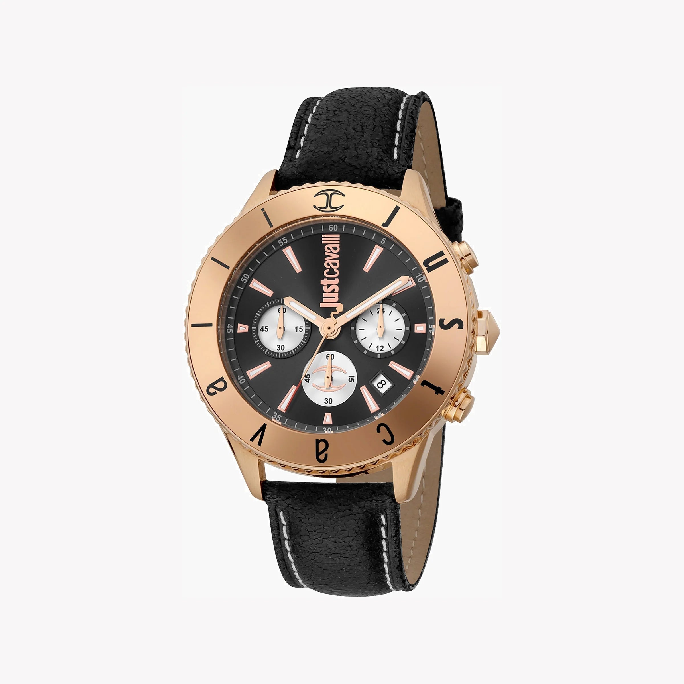 JUST CAVALLI BLACK ROSE GOLD MASTERPIECE - ELEGANT MEN'S WATCH WITH LEATHER BAND