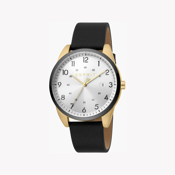 ESPRIT MEN'S STYLISH TIMEPIECE - BLACK LEATHER BAND & SILVER DIAL - DURABLE ELEGANCE