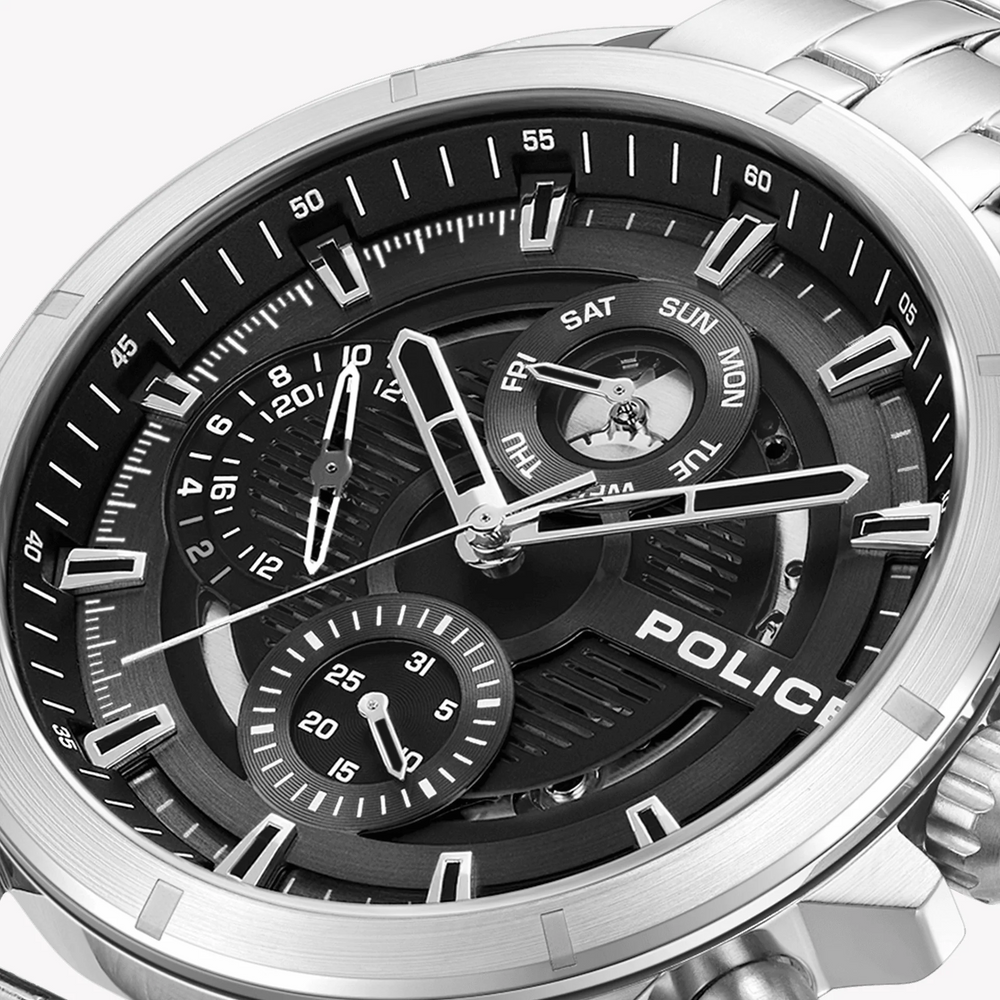 Police Men's Silver Stainless Steel Watch, Black Dial | Pewjk0004605 by i-watch