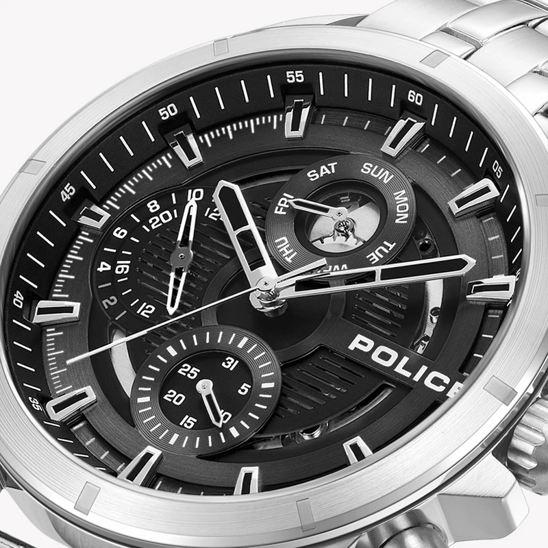Police Men's Silver Stainless Steel Watch, Black Dial | Pewjk0004605 by i-watch