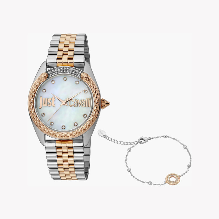 JUST CAVALLI Women's Watch with Silver & Gold Stainless Steel Case and Silver & Rose Gold Stainless Steel Band