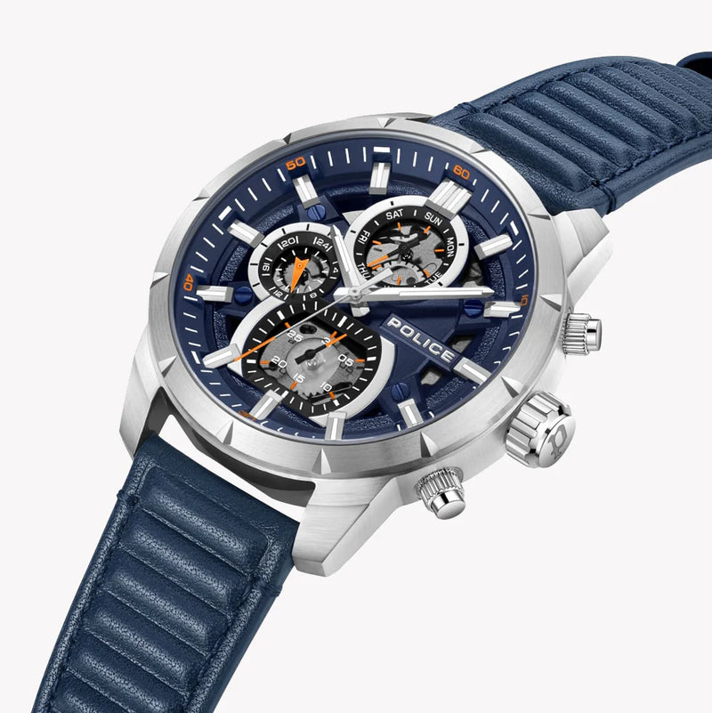 Police Men's Silver Stainless Steel, Blue Leather | Pewjf0021801 by i-watch