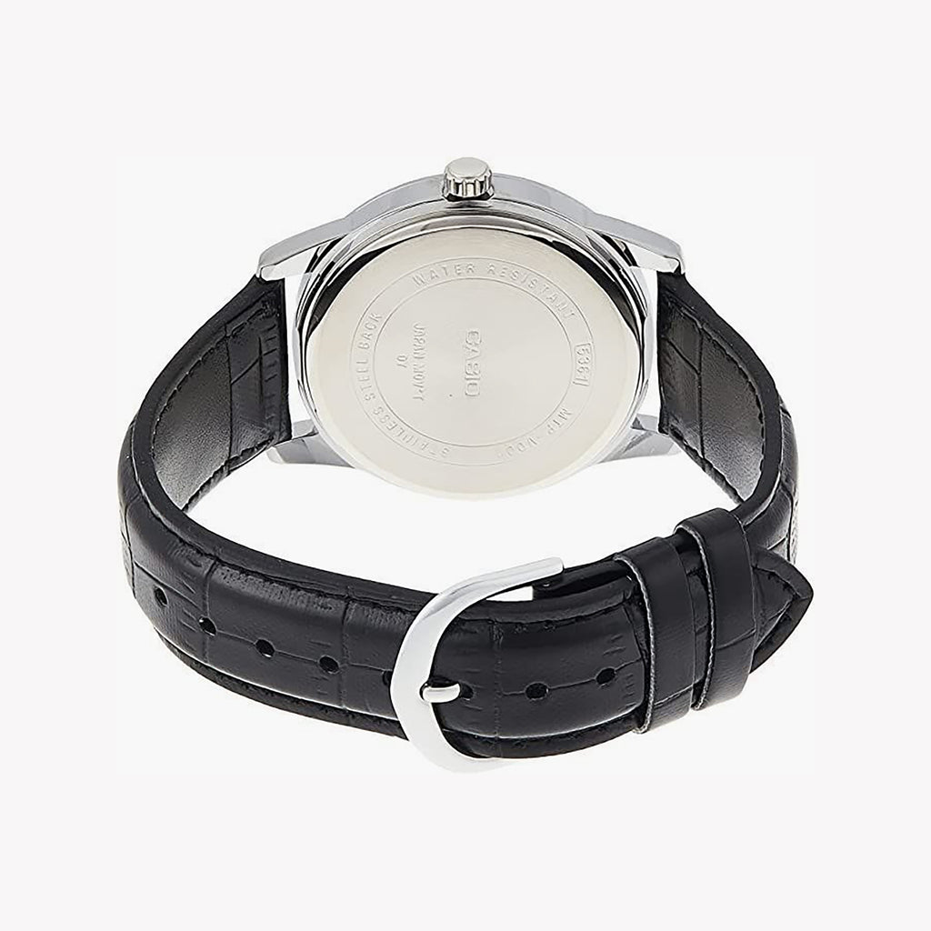 MTP-V001L-7BUDF - ELEGANT TIMEKEEPER - CLASSIC SILVER & BLACK LEATHER MEN'S WATCH